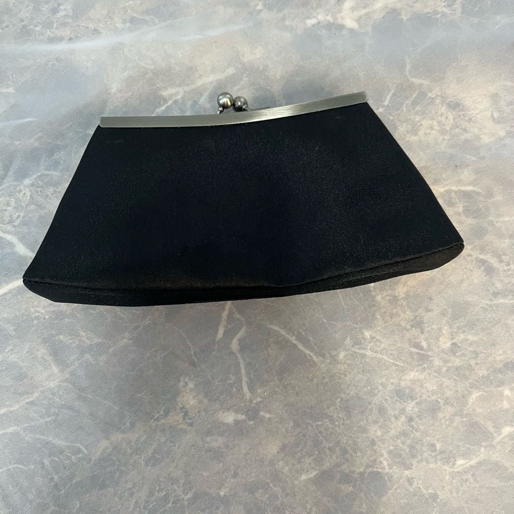 Kate Landry Black Satin Evening Clutch Silver Frame Formal Bag - Picture 3 of 6